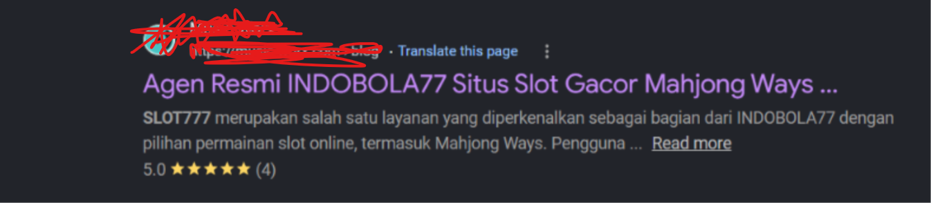 Google search result for the client page showing a gambling title and description with a fake 5-star rating