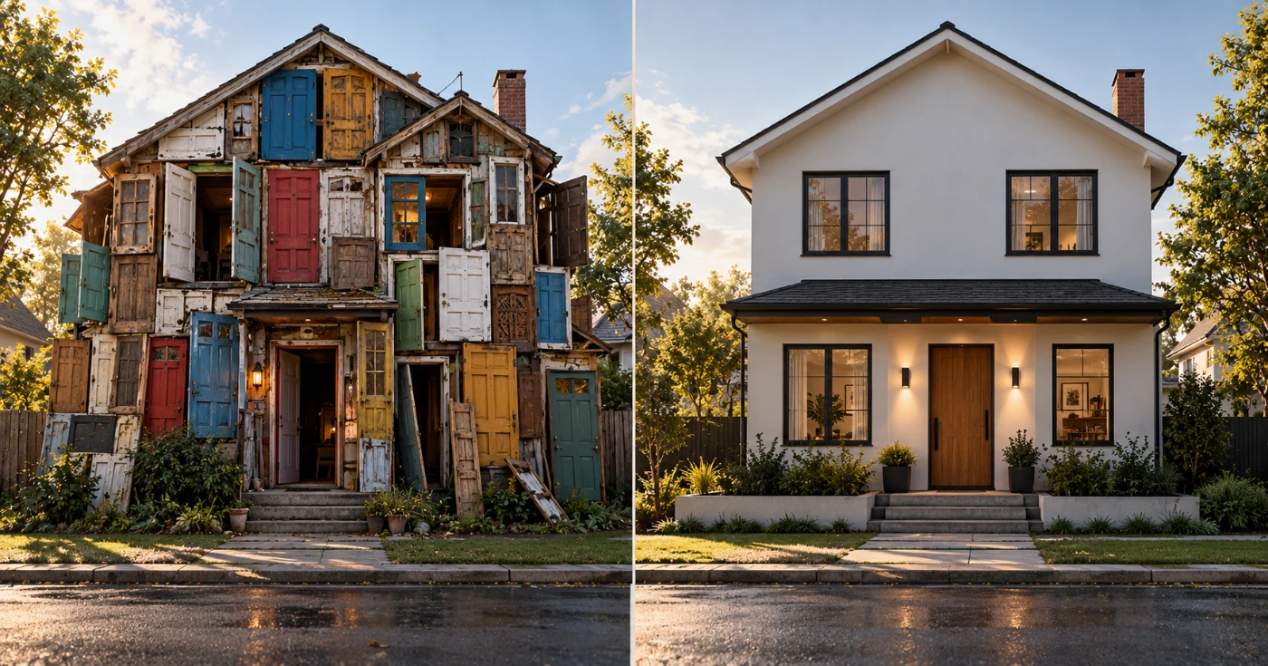 Old run-down house next to a modern renovated house, a metaphor for moving from WordPress to Next.js
