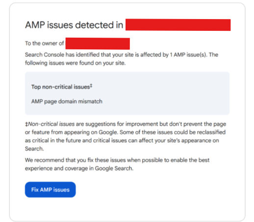 Search Console email warning about an AMP page domain mismatch