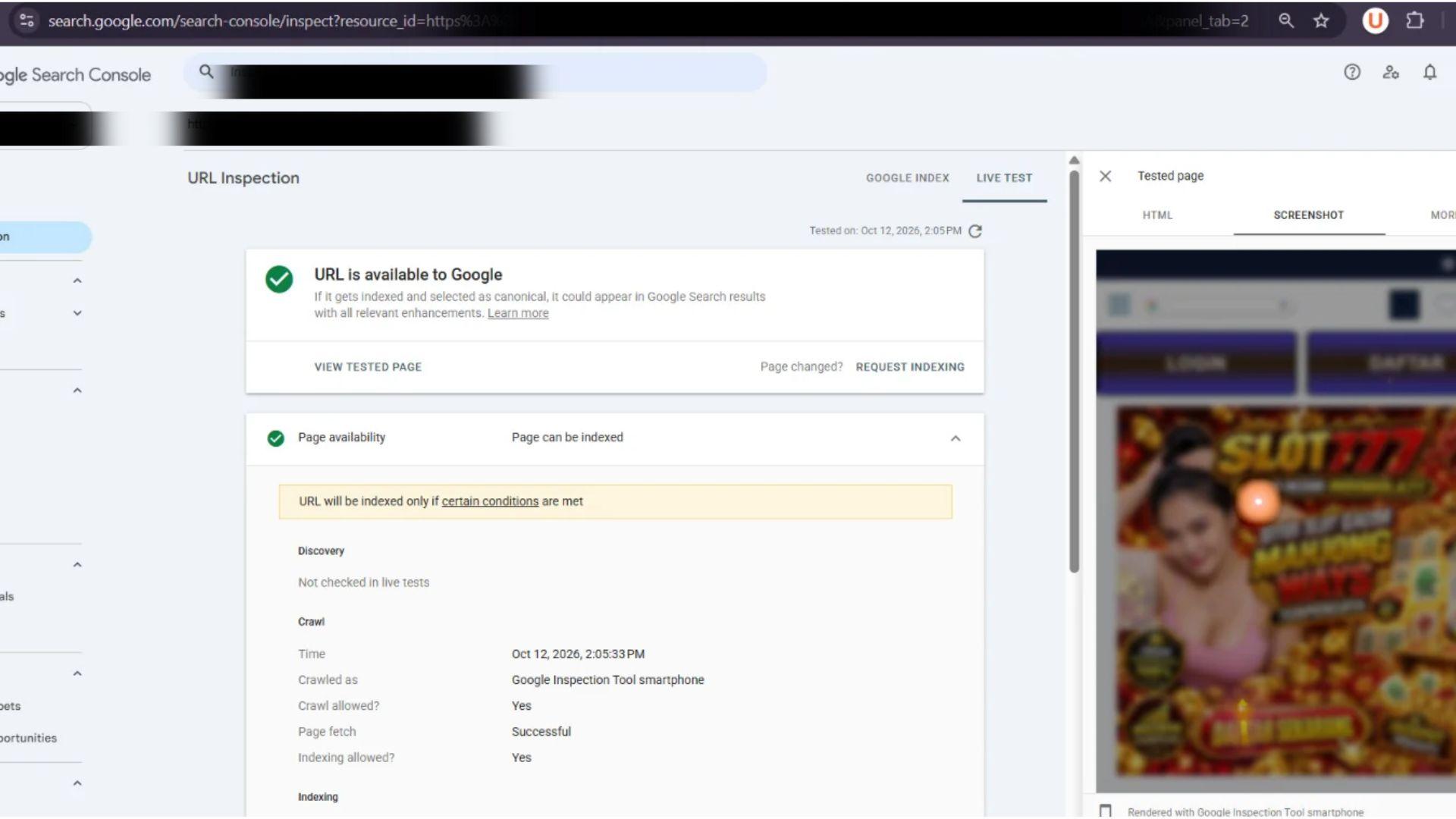 Google Search Console live test screenshot showing a slot gambling page instead of the client site